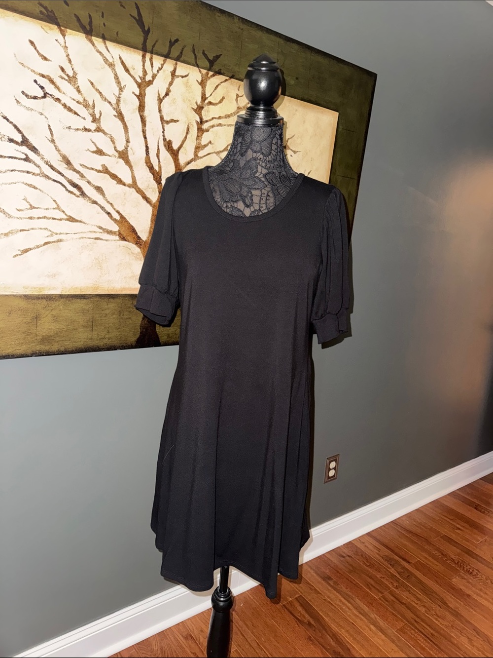Karen Kane Black Midi A-Line Dress with Short Puff Sleeves